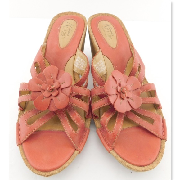 CLARKS Artisan Floral Passion Fruit Leather Cork Wedge Slide Sandal Heels 9 - Picture 2 of 8
